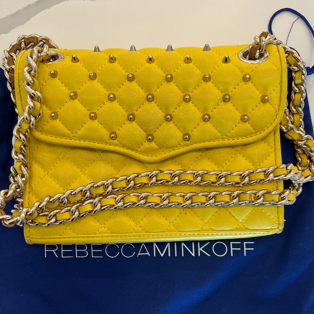 Rebecca Minkoff Yellow Quilted Studded Crossbody Bag with Chain Strap